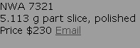 NWA 7321
5.113 g part slice, polished
Price $230 Email

